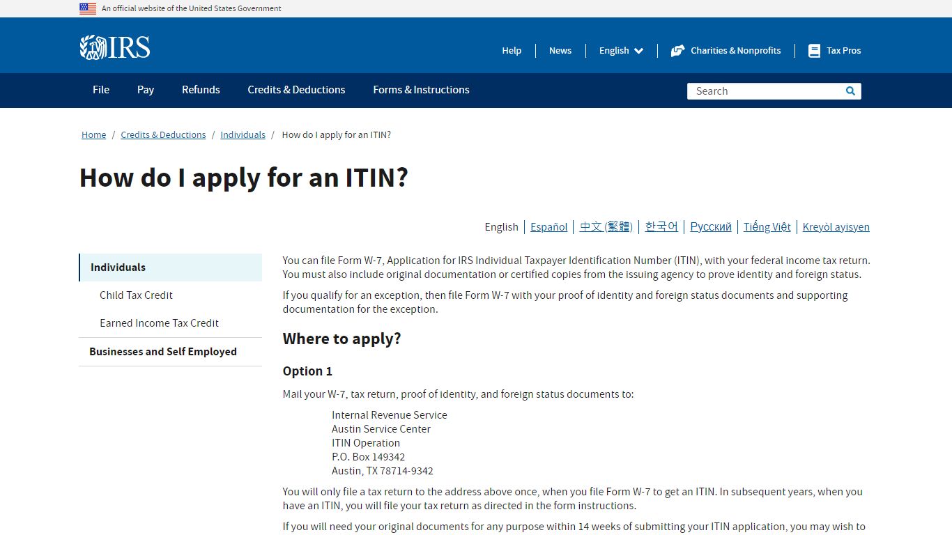 How do I apply for an ITIN? | Internal Revenue Service - IRS tax forms